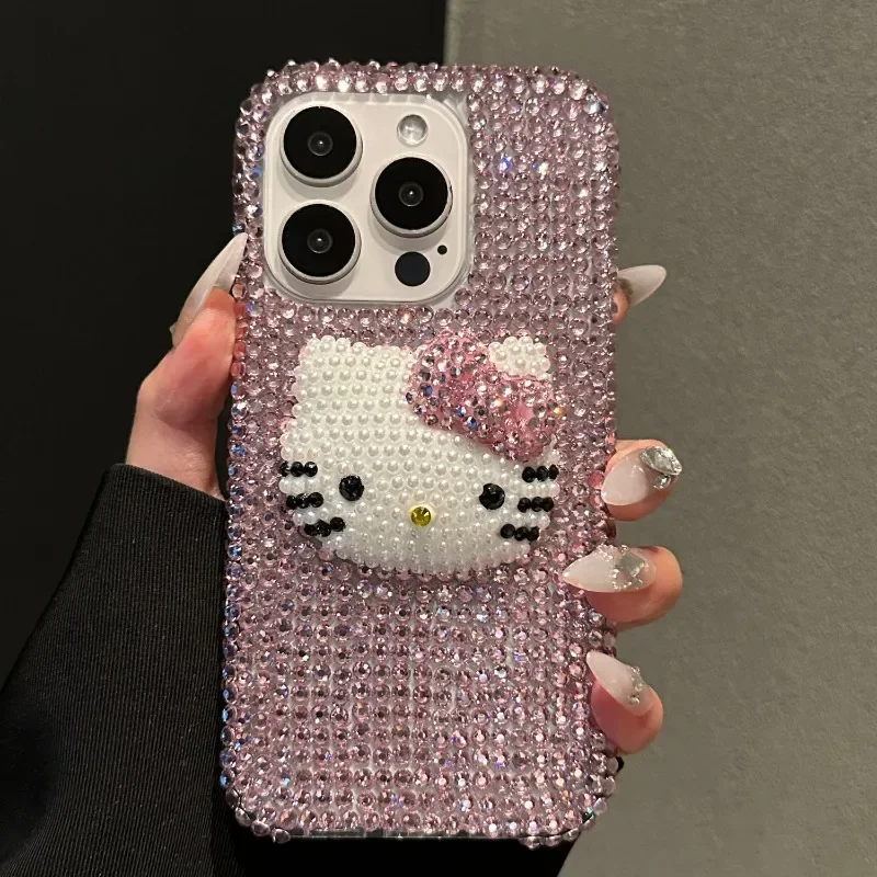 Kawaii Sanrio Hello Kitty DIY telefoonhoesje geschikt voor iPhone 15 1413 16 Pro Max Y2k Flash Diamond all-inclusive transparant hoesje