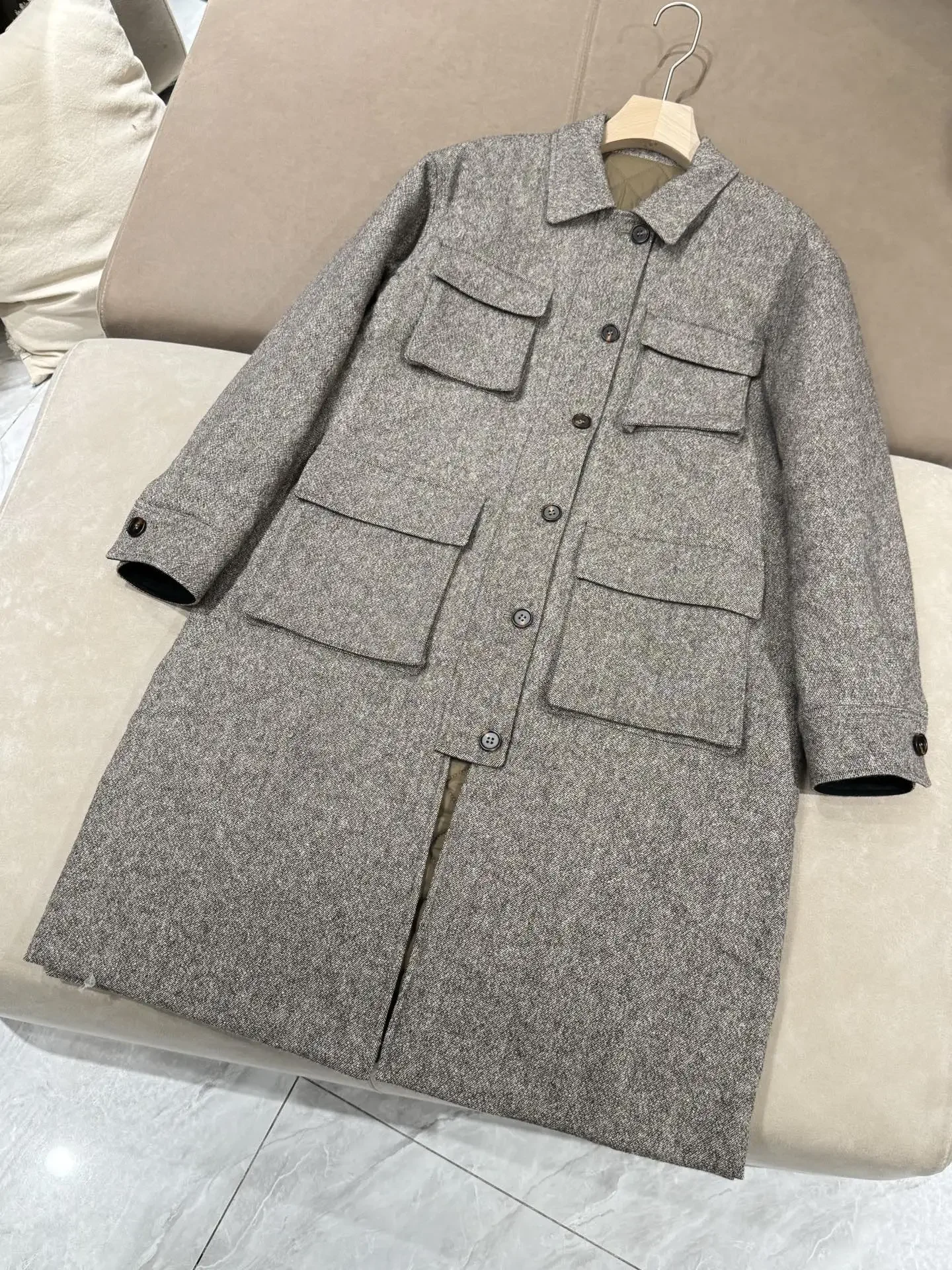 Vintage grau braun Wolle gemischt langen Mantel Damen Winter neue Kleidung elegante gestrickte Diamant Gitter Baumwolle Futter warme Jacke