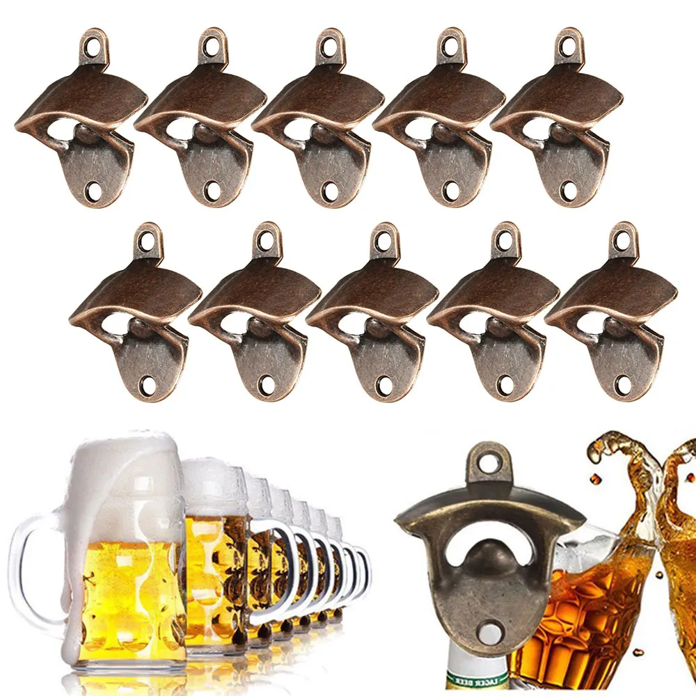 10PCS Wall Mounted Beer Bottle Opener Zinc Alloy Soda Beer Wine Bottle Opener Vintage Heavy Duty Bottle Opener for Kitchen Party