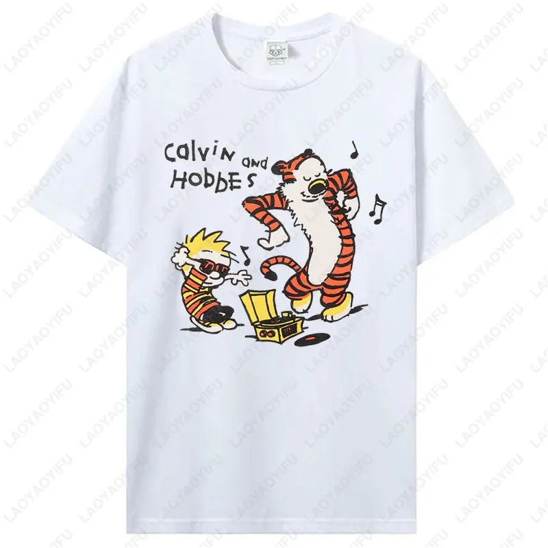 Camisetas Vintage de los años 90 de Calvin y Hobbes, camisetas de cómics de dibujos animados, moda Y2k, ropa de calle para hombres y mujeres, camisetas de algodón de manga corta