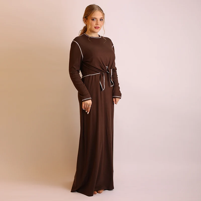 Maxi Casual Women Nightgown Soft Modal Rib Dress And Black Coffee Fake Two-Piece Sizes XS-4XL