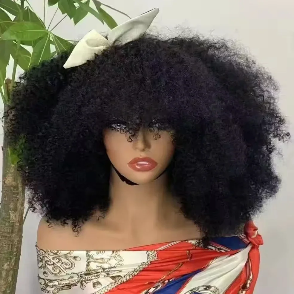 Afro Lockige Kurze Bob-Perücken aus Echthaar, Lockige Echthaarperücken mit Pony, Vollständig maschinell gefertigte Perücke mit Kopfhaut-Imitat für Frauen, 350er Dichte