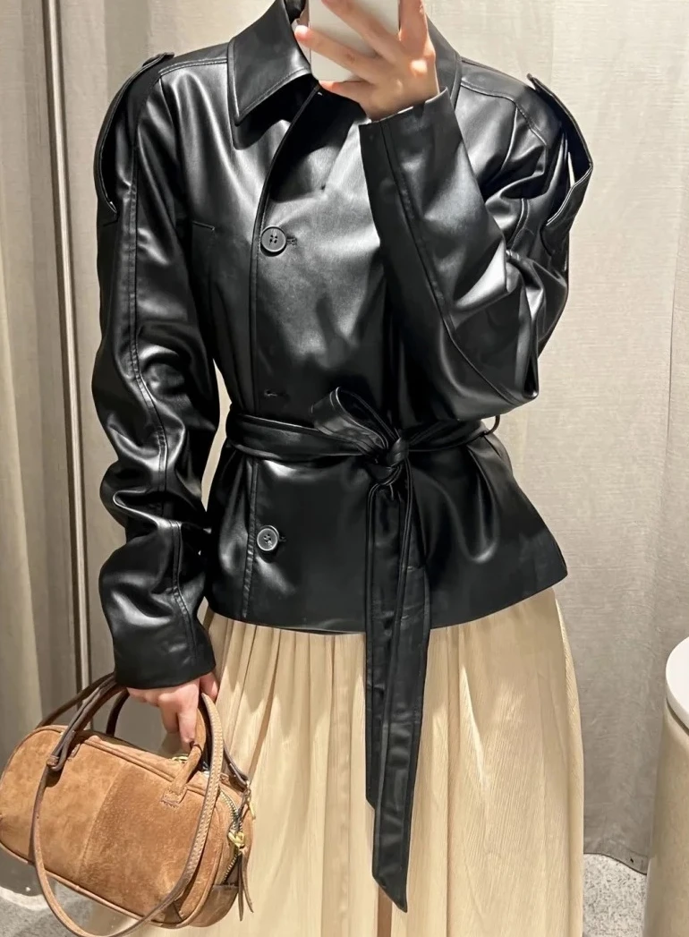 

New Women Fashion Belt Imitation Leather Trench Coat Long Sleeve Short Casual Leather Coat Chic Outerwear