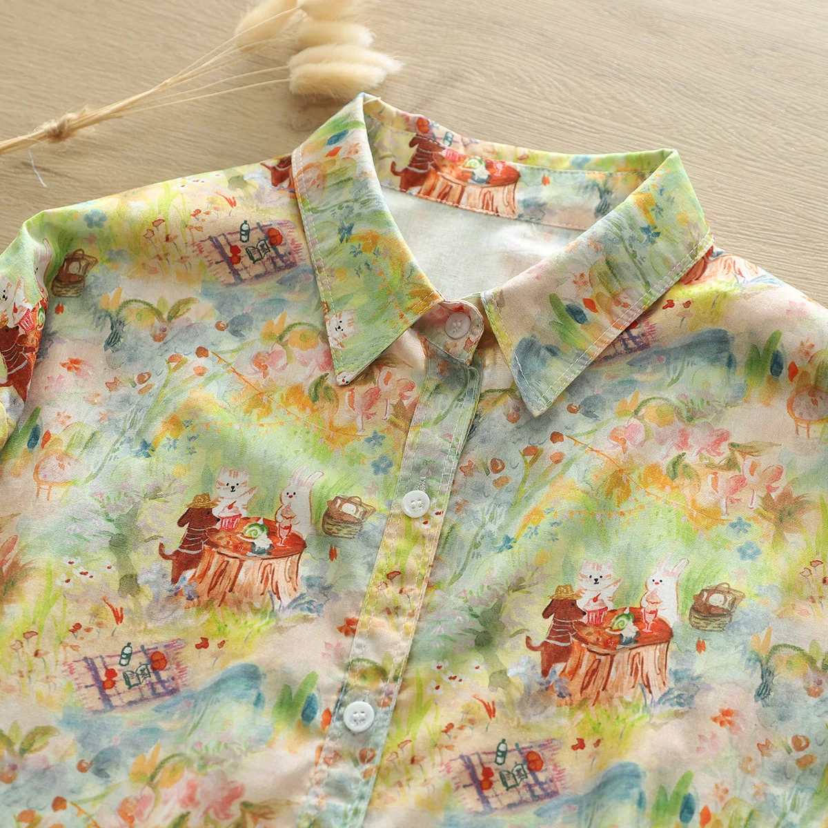 New Autumn Cotton Shirt For Women, Long Sleeve Oil Painting Kitten Tops, Sweet Cute Loose Blouses, 2024 Spring New T41535QM