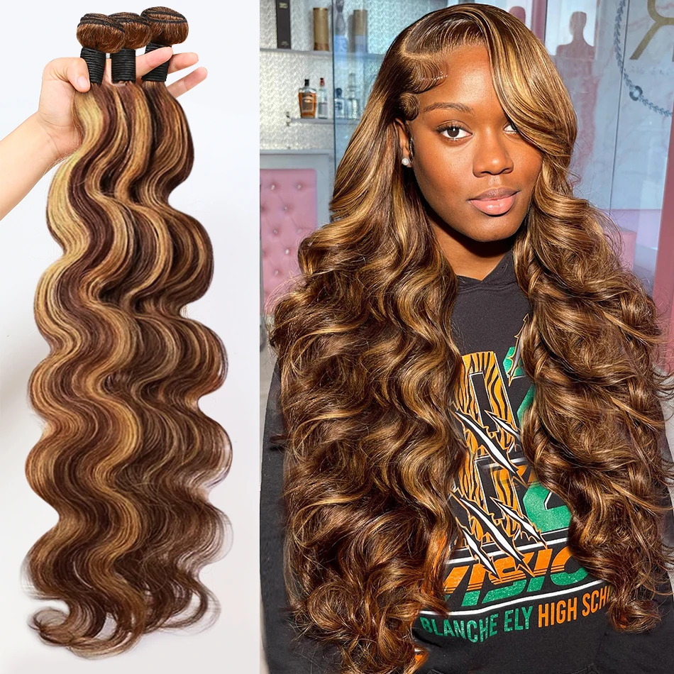 4/27 Ombre Highlight Body Wave Raw Hair Bundles 100% Human  Hair Weave Balayage 30 40Inch Colored Indian Remy Hair Extensions