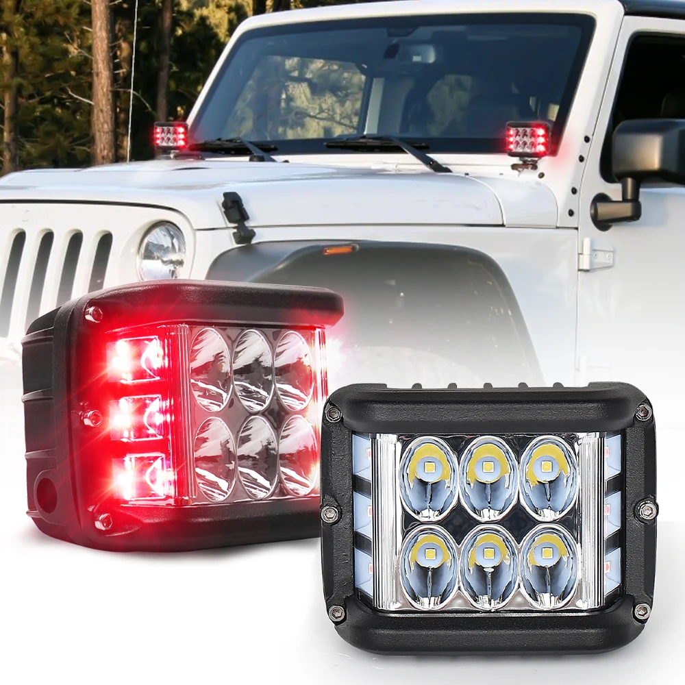 MOVOTOR 2 PCS 30W LED Work with Dual Side Shooter Light Red Flashing Work Light for trucks off road vehicle 4x4