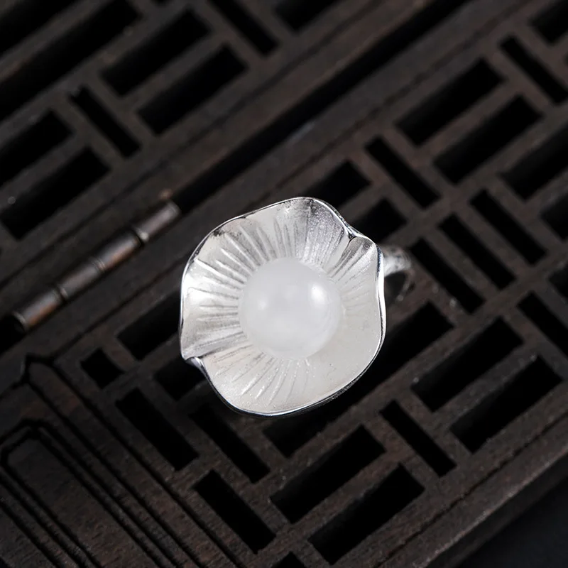 

Hetian Jade Ring, A Unique And Retro Silver Lotus Flower Opening Adjustable Ring, Handcrafted S925 Silver Jewelry Tail Ring