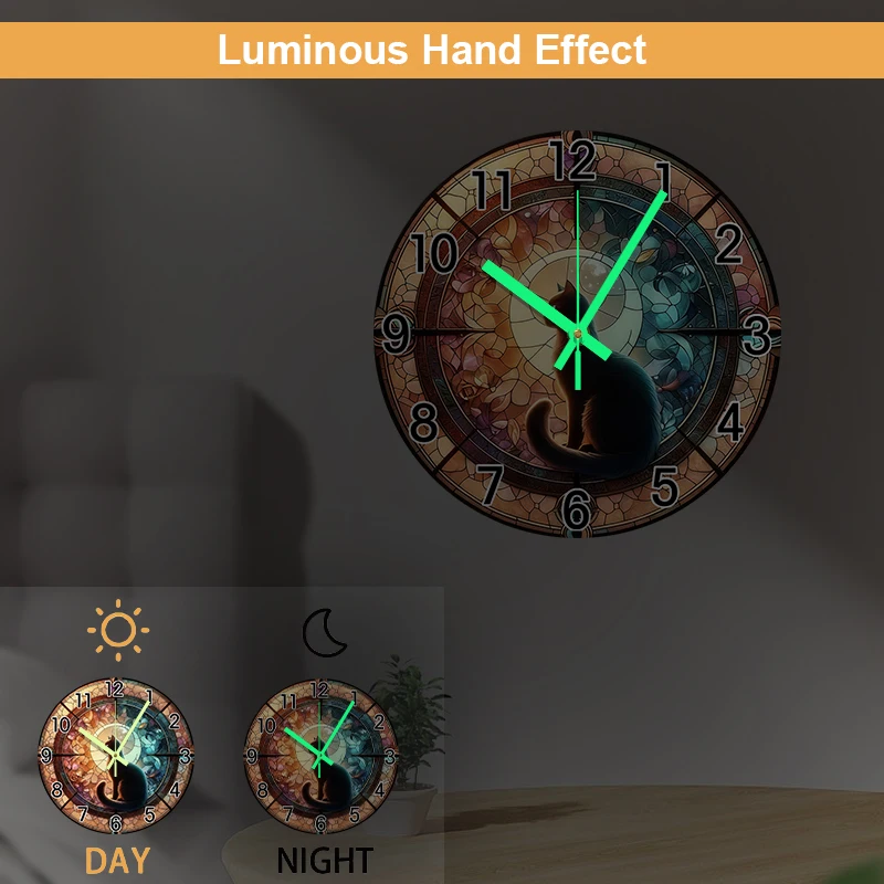 قطعة واحدة من ساعة الحائط الأكريليك المتوهجة في الظلام، نمط صائد الشمس بنفسك، موضوع القطة السوداء - 10 بوصات، مثالية للمنزل الحديث #4