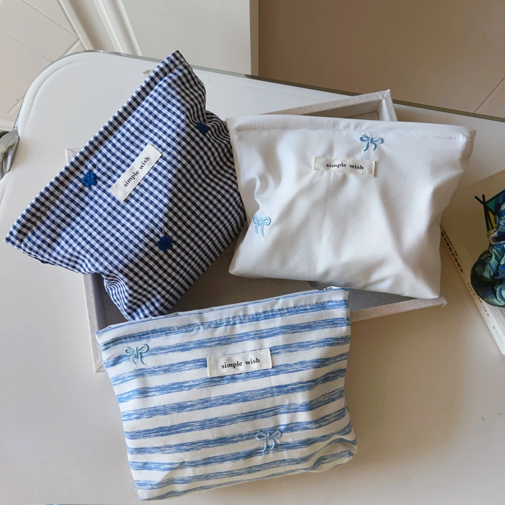 Striped Plaid Bow Embroidered Makeup Bag Portable Cosmetic Tolietry Pouch Ladies Travel Organizer Zipper Bags Makeup Storage Bag