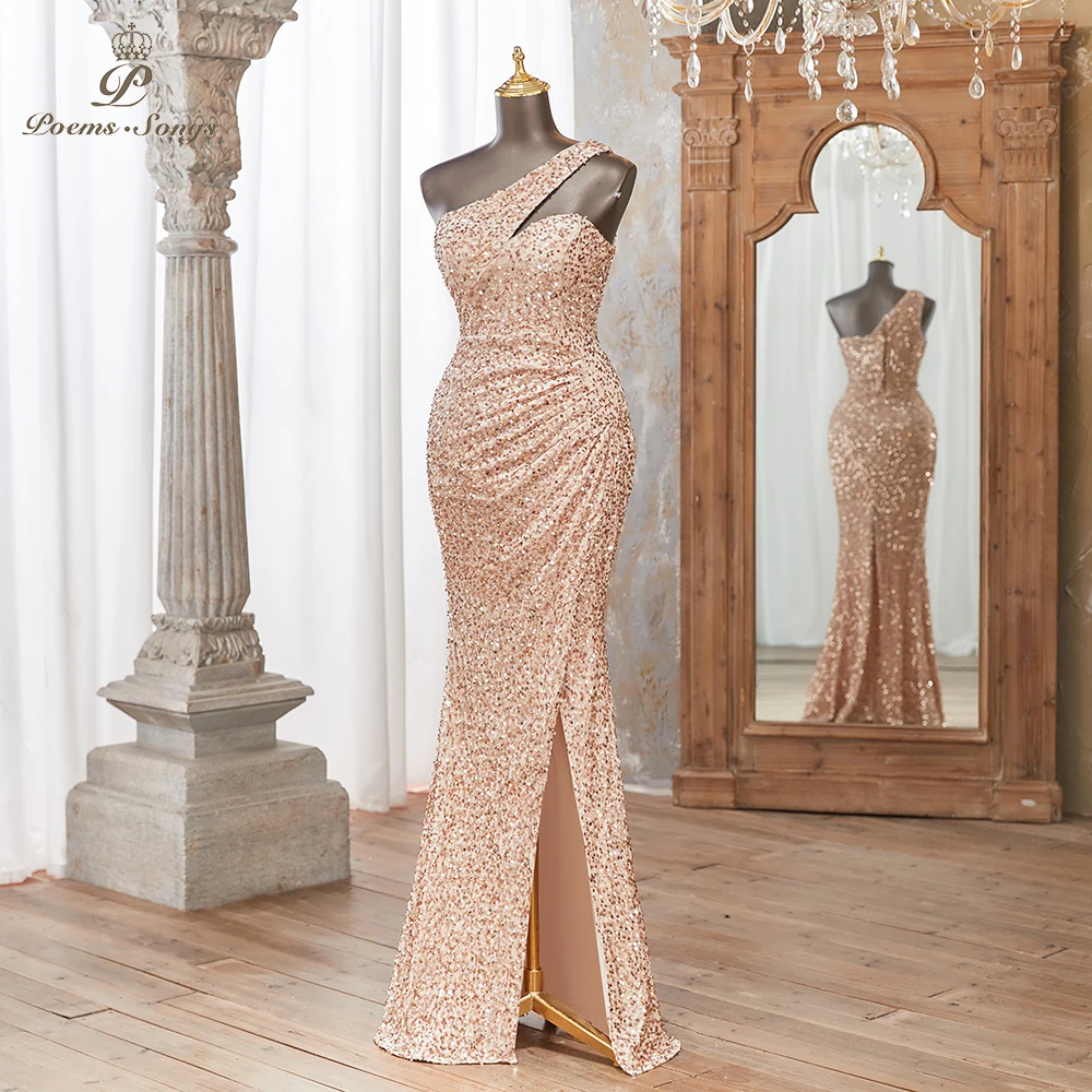 Stunning One-Shoulder Sequin Dress, Elegant Rose Gold, High Slit Design, Glamorous Evening Events, Perfect for Parties