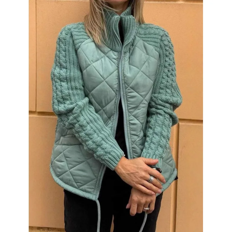 Autumn Winter Women Knitted Splice Jacket Lightweight Fashion Cardigan Zipper Long-sleeved Stand Collar Warm Quilted Women Coat