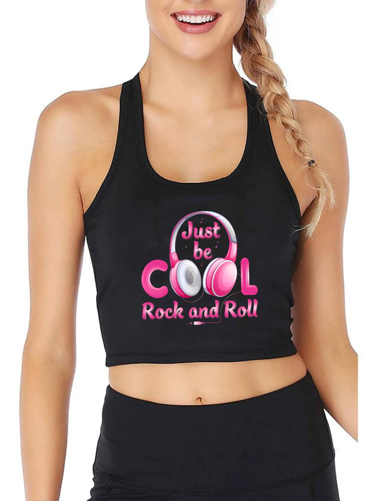 Headphone Graphic Just Be Cool Rock And Roll Print Design Sexy Slim Fit Crop Top Women's Cotton Breathable Sports Tank Tops