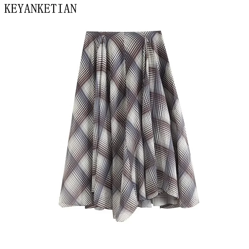 

KEYANKETIAN 2024 New Women's Argyle Plaid MIDI Skirt Autumn Retro style Zipper High waist Asymmetrical A Line Ankle-Length Skirt