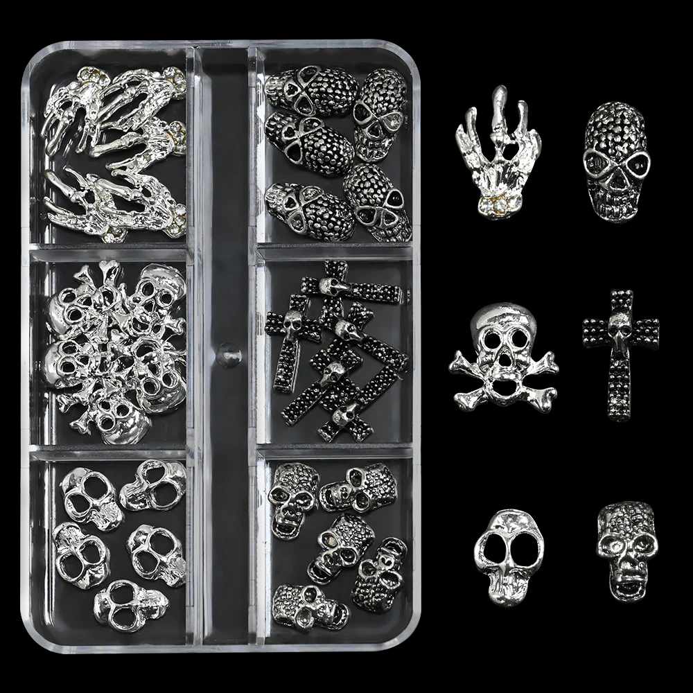 30 szt. Vintage Ozdoby do Paznokci Halloween Szkielet Stop Metalowy Krzyż Gotycki Czaszka Cyrkonie do Paznokci Dekoracja Manicure Festiwal