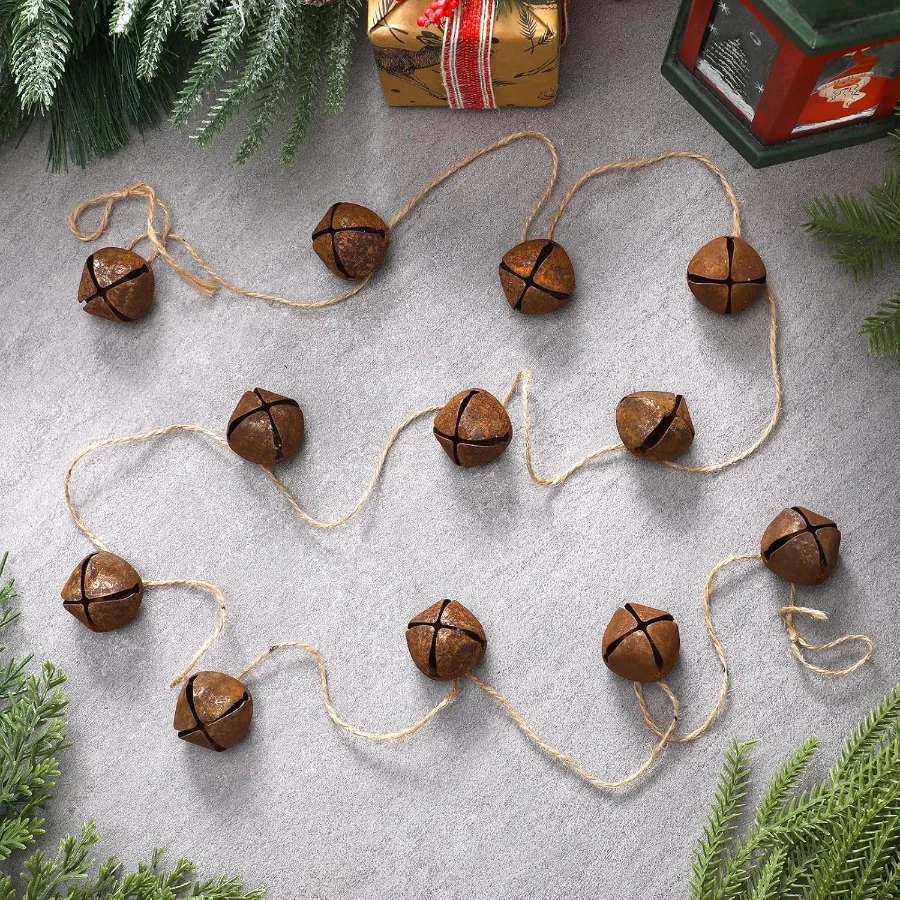 4 قطعة 6.5 قدم أجراس جلجل معدنية صدئة جارلاند مع أجراس عتيقة صدئة وسلسلة حبل الجوت لغطاء شجرة عيد الميلاد الريفية F