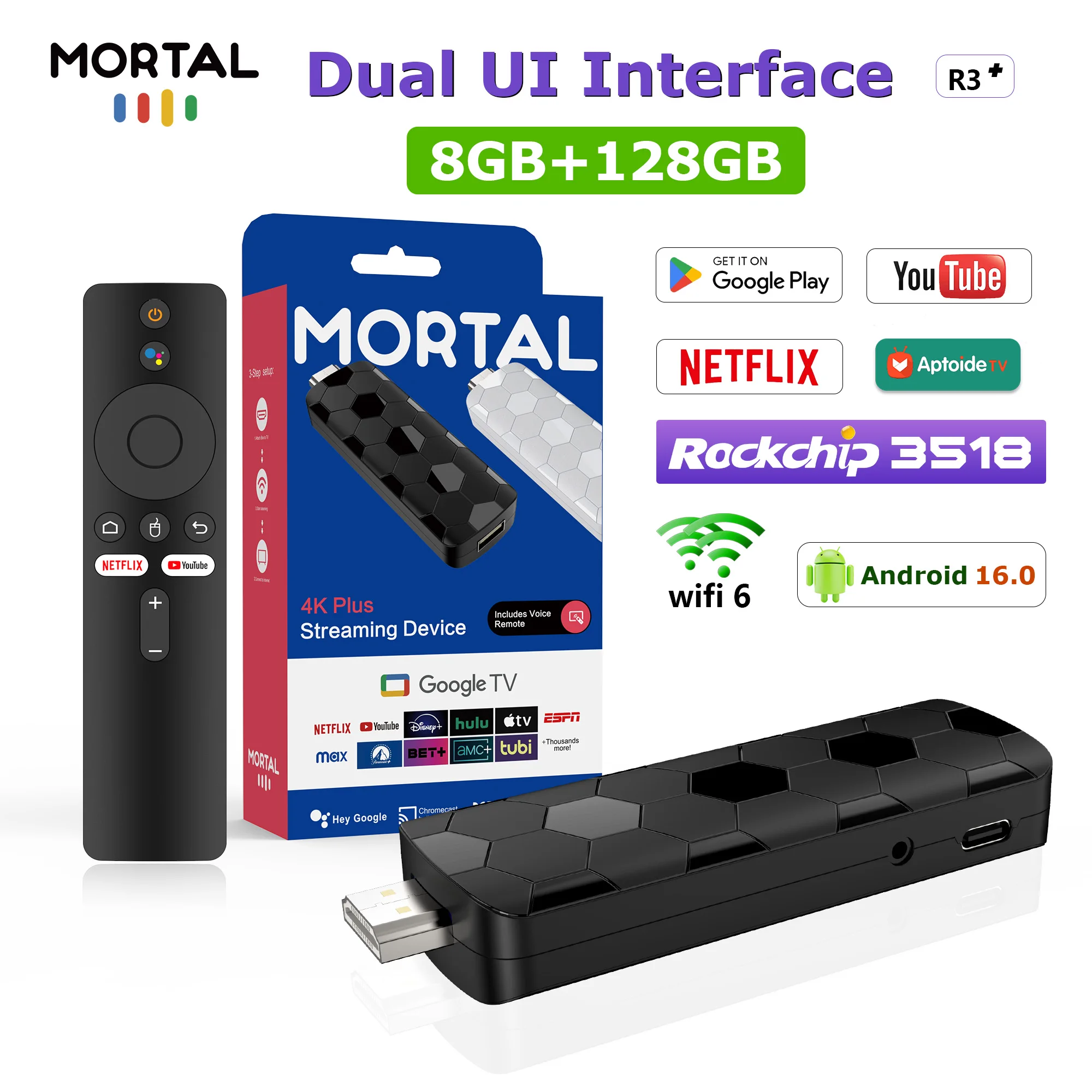 Mortal Mini TV Stick R3 + Android 14 Voice Google 4K Wireless HDR USB 3.0 WIFI 6 Rockchip RK3518 BT5.0 جهاز بث Netflix