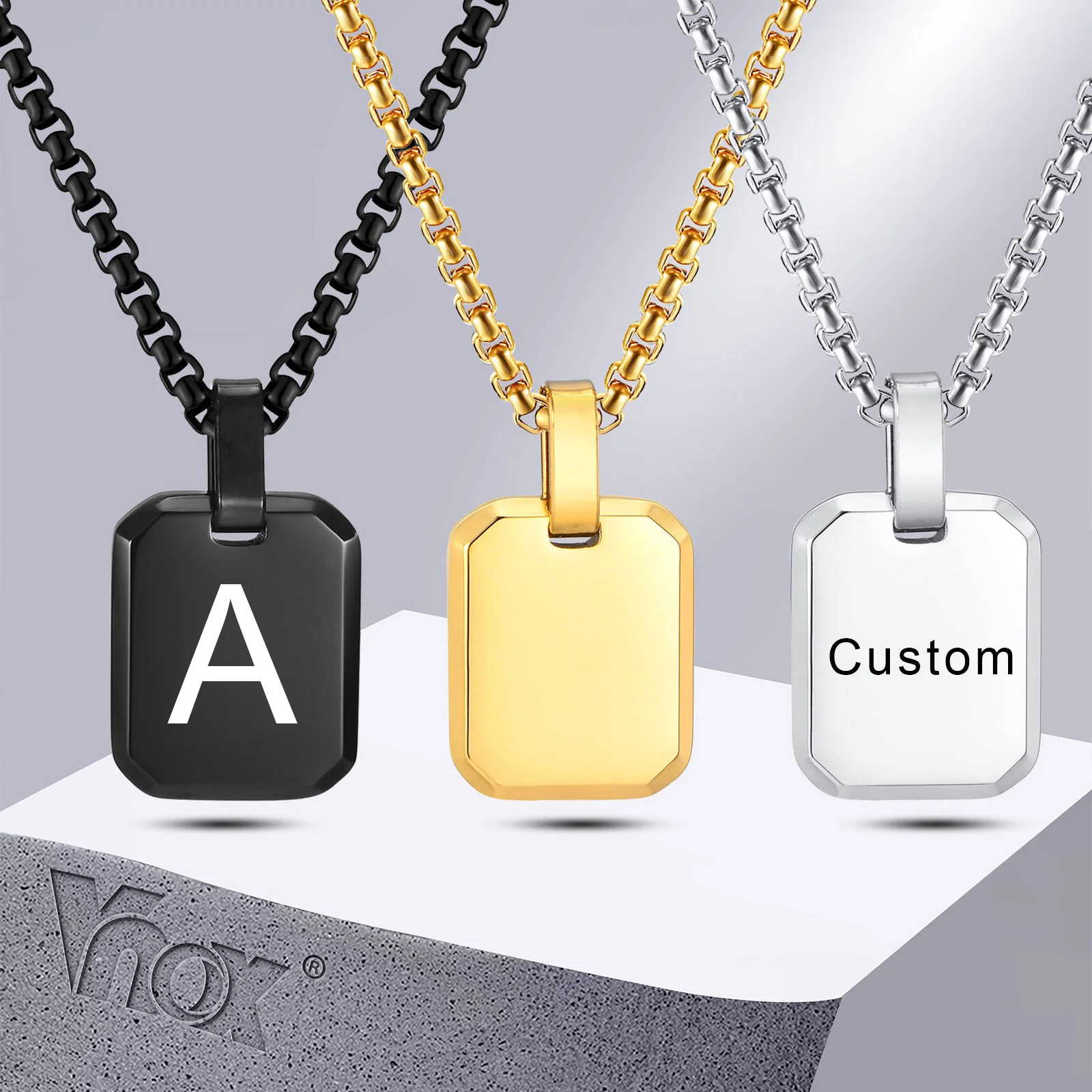 Vnox Free Engraving Unisex Geometric Necklaces, Thick Stainless Steel Square Pendant with Box Chain, Customize Women Men Jewelry