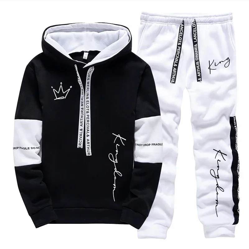 Urban Casual Fashion Sportswear Male Home Outdoor Trendy Hoodie Outfits KING Letter Print Men's Set Hooded Sweatshirt Sweatpants view 3