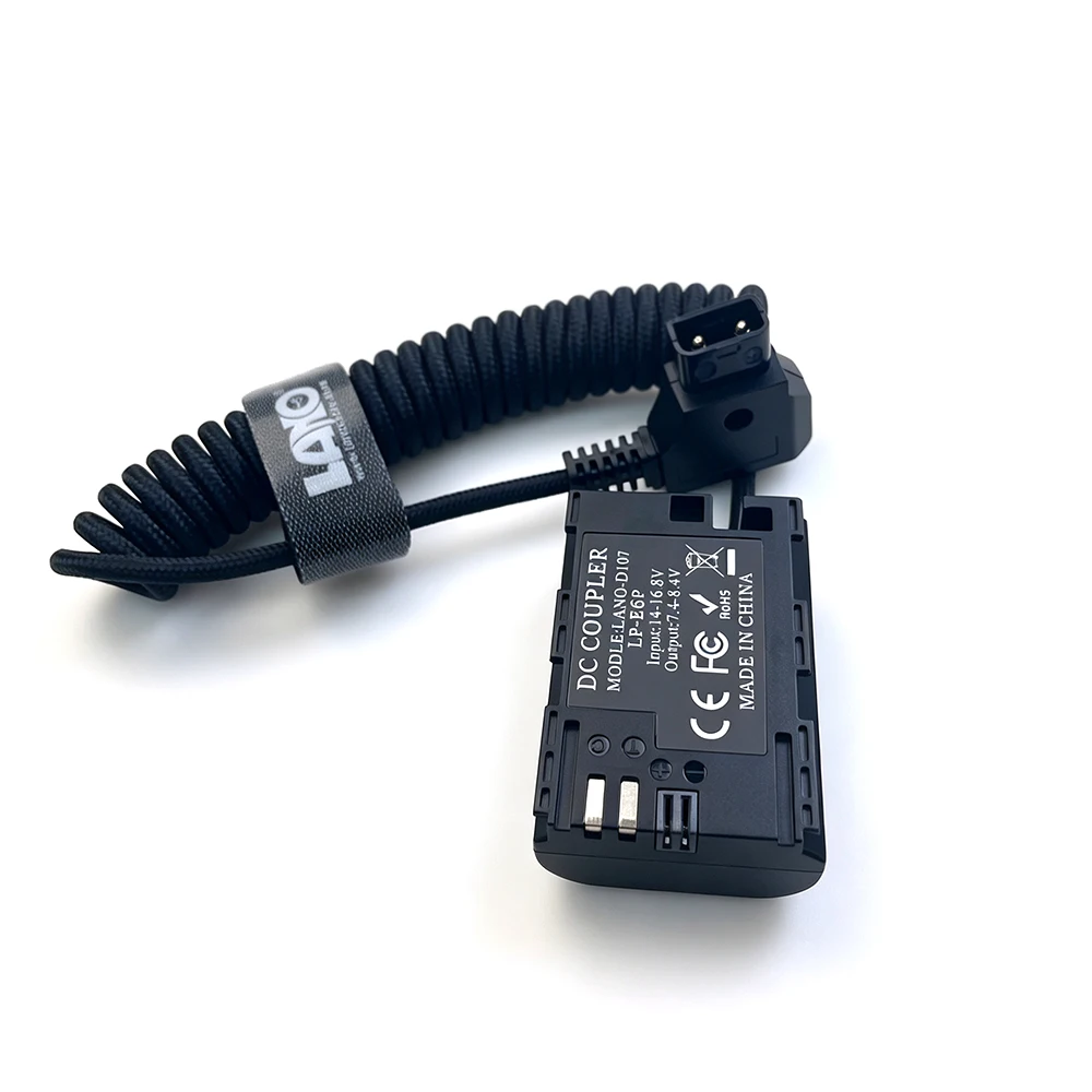 【LANO】D‑Tap to LP‑E6P Dummy Battery Coiled Spring Cable 22AWG Braided Wire For Canon R5 R6 90D 80D Camera |uses LP-E6P-this fits
