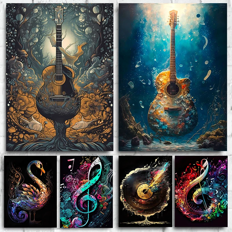 Musical Inspiration Poster Colorful Golden Record Musical Symphony Guitar Painting Picture Modern Living Room Home Decor
