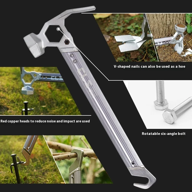 Outdoor Tent Hammer Aluminum Alloy Handle Stainless Steel Hammer Copper Head Mountaineering Campsite Nail Hammer Nail Puller