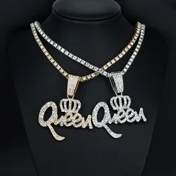 Hip Hop Crown Queen Pendant Necklace 4mm Tennis Chain Letter Necklaces For Women Gifts Hiphop Rapper Jewelry