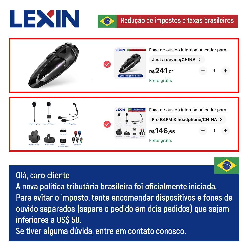 Fone de ouvido intercomunicador para motocicletas Lexin GTX Bluetooth, apenas um dispositivo separado, para o fone de ouvido