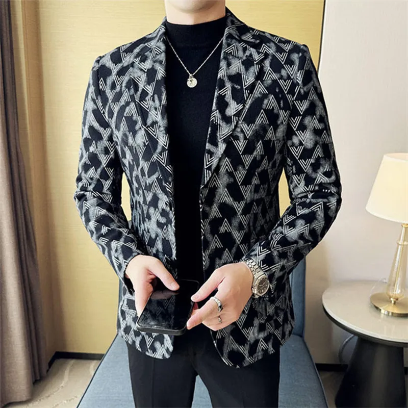 New Men Denim Suit Coats Slim Fit Jacket Black / Blue Fashion Homme Business Casual Printed Dress Blazers