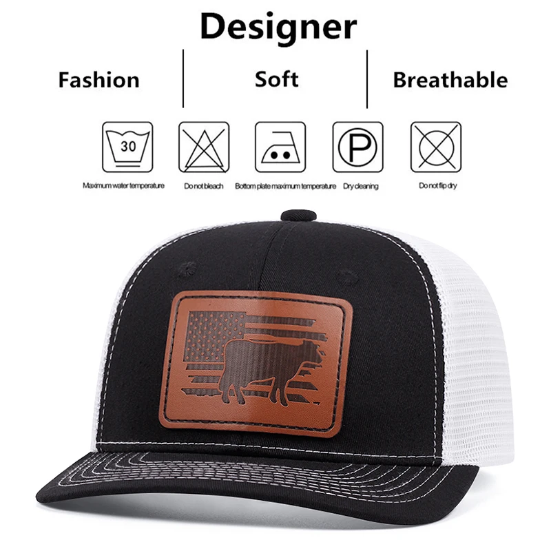 Men's Fashion Bull Leather Label Mesh Hat Duck Tongue Hat  Summer Sunshade Adjustable Unisex Hip Hop Baseball Hat Truck Cap ﻿