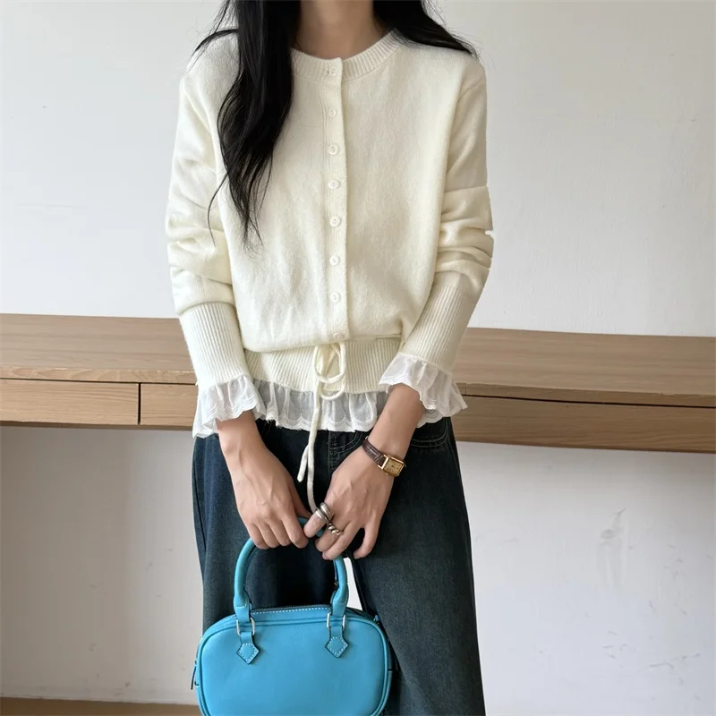 

Lace Splicing Knitted Sweater Women's Autumn Winter Lazy Sle Top Polyester Fiber 00% Knitted Cardigan Regular Sve Long