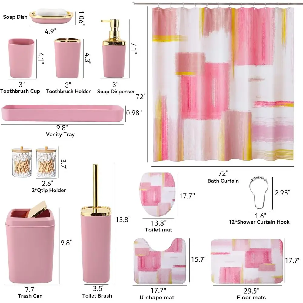 Elegantes Badezimmerzubehör-Set in Rosa und Gold: Duschvorhang, Teppiche, Mülleimer, Spender und Schale