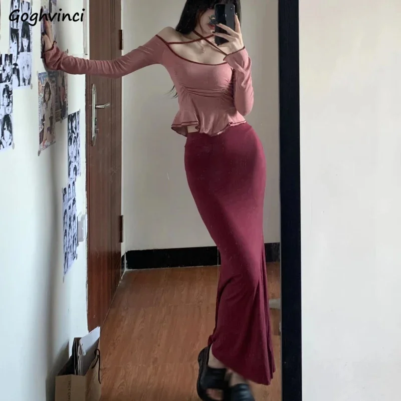 Women Sets Halterneck Long Sleeve T-shirt Chic High Waist Fishtail Skirt Two-piece Sweet Sexy Girls Streetwear Spring Outfits