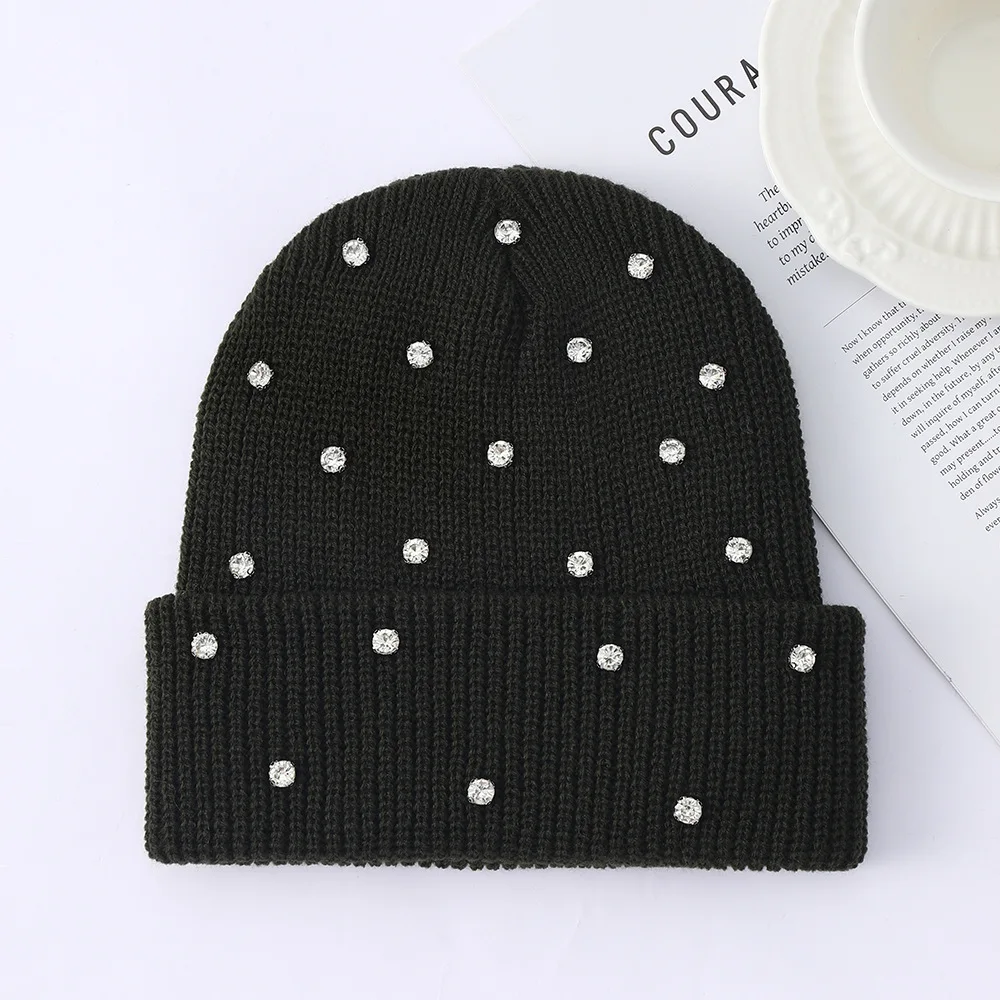 Fashionable Autumn And Winter Keep Warm Diamond Inlaid Knitted Caps Women's Tidal Current And Versatile Pullover Hats