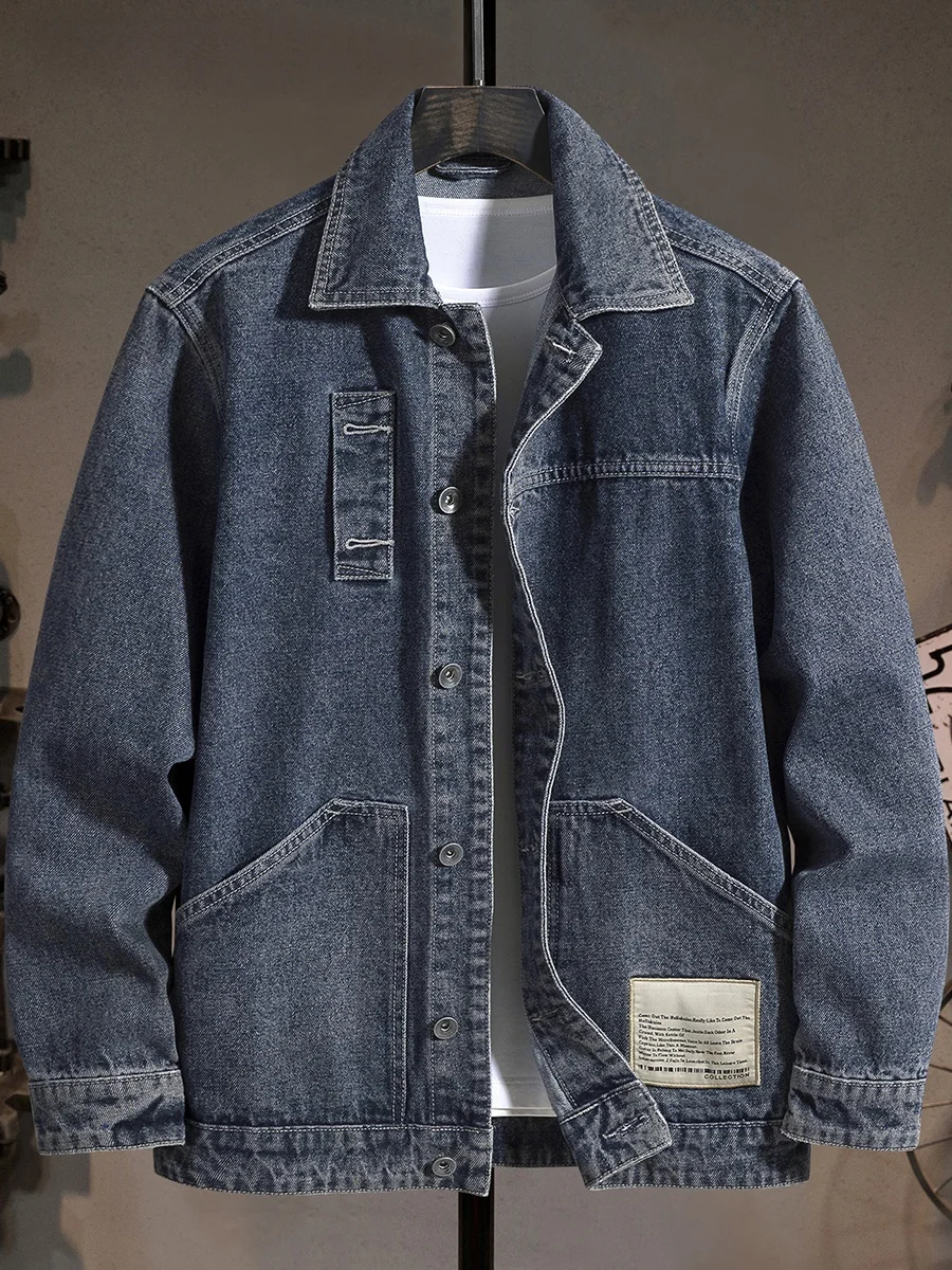 

Мужская джинсовая куртка в стиле ретро, американского кроя, из плотного денима, свободная повседневная верхняя одежда с большими карманами, классическая однотонная рабочая одежда