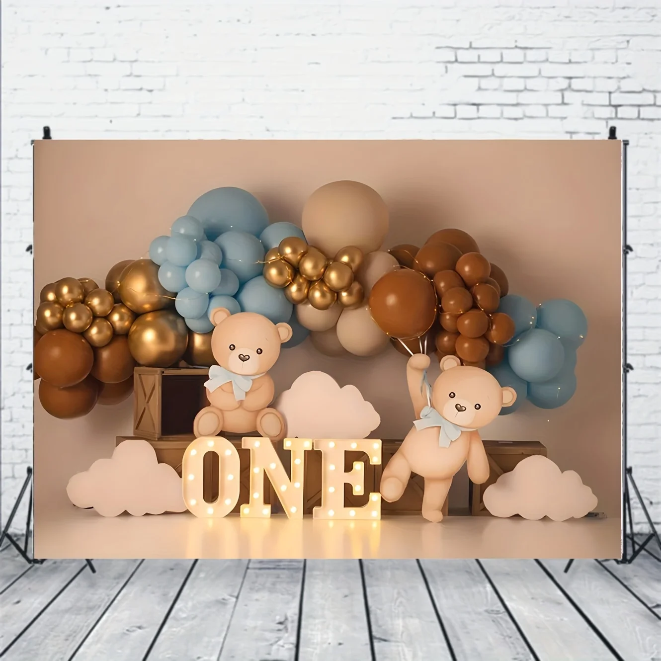 Teddy Bear and Golden Balloon themed party background for 1st birthday celebration - Photography background banner with clouds - view 2
