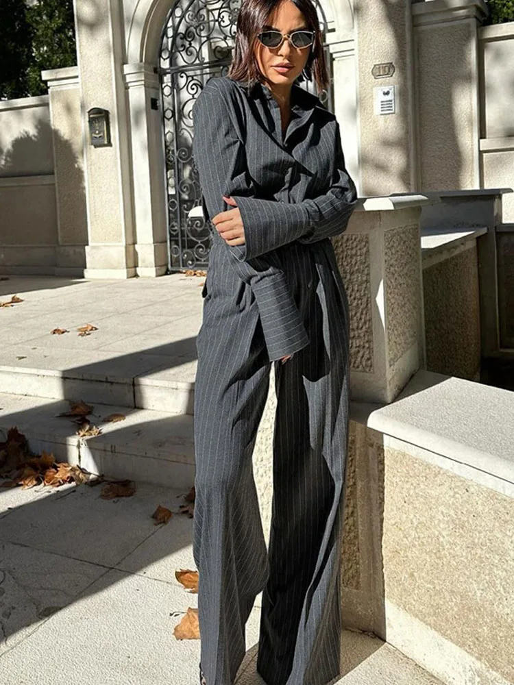 MCDV – ensemble deux pièces à rayures amples pour femmes, chemisier à manches longues et pantalon taille haute à jambes larges, tenues de bureau pour dames