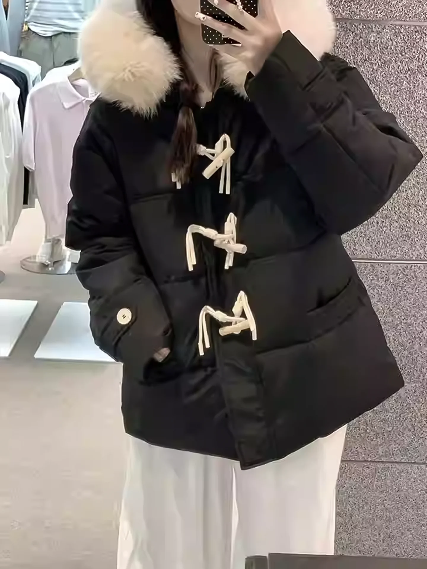 블라 여성용 겨울 패딩 재킷, 테니드 퍼 칼라, 버튼 디자인, 따뜻한 아우터, 한국 스타일, 출퇴근 패션, 롱 슬리브