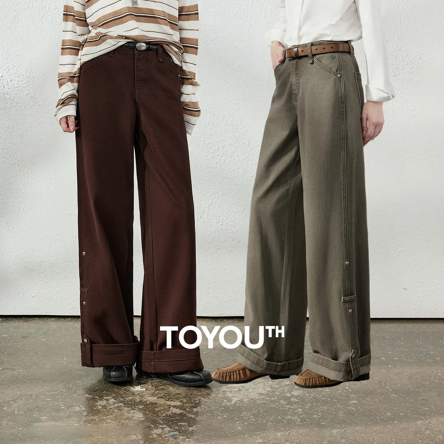 TOYOUTH Women's 4 Way Wear 3 Colors Wide Leg Jeans 2026 Autumn New Pure Cotton Colored Loose Fit