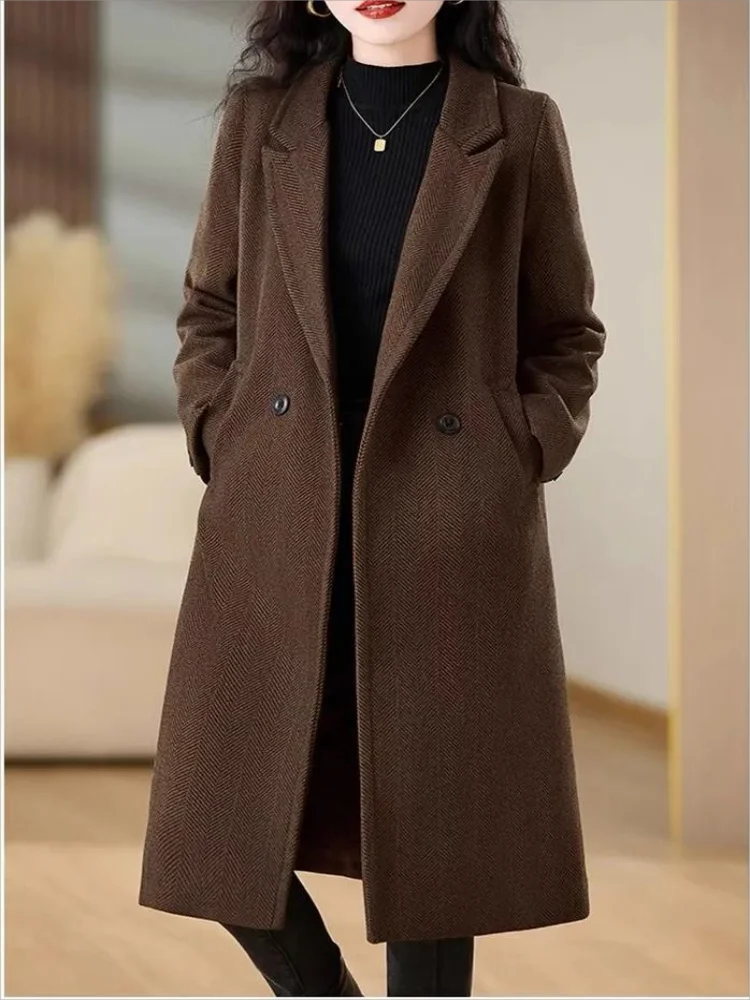 

Autumn and Winter New High-End Double-Breasted Coat Women's Long Loose Overknee woolen Coat Korean Style Versatile Trench Coat