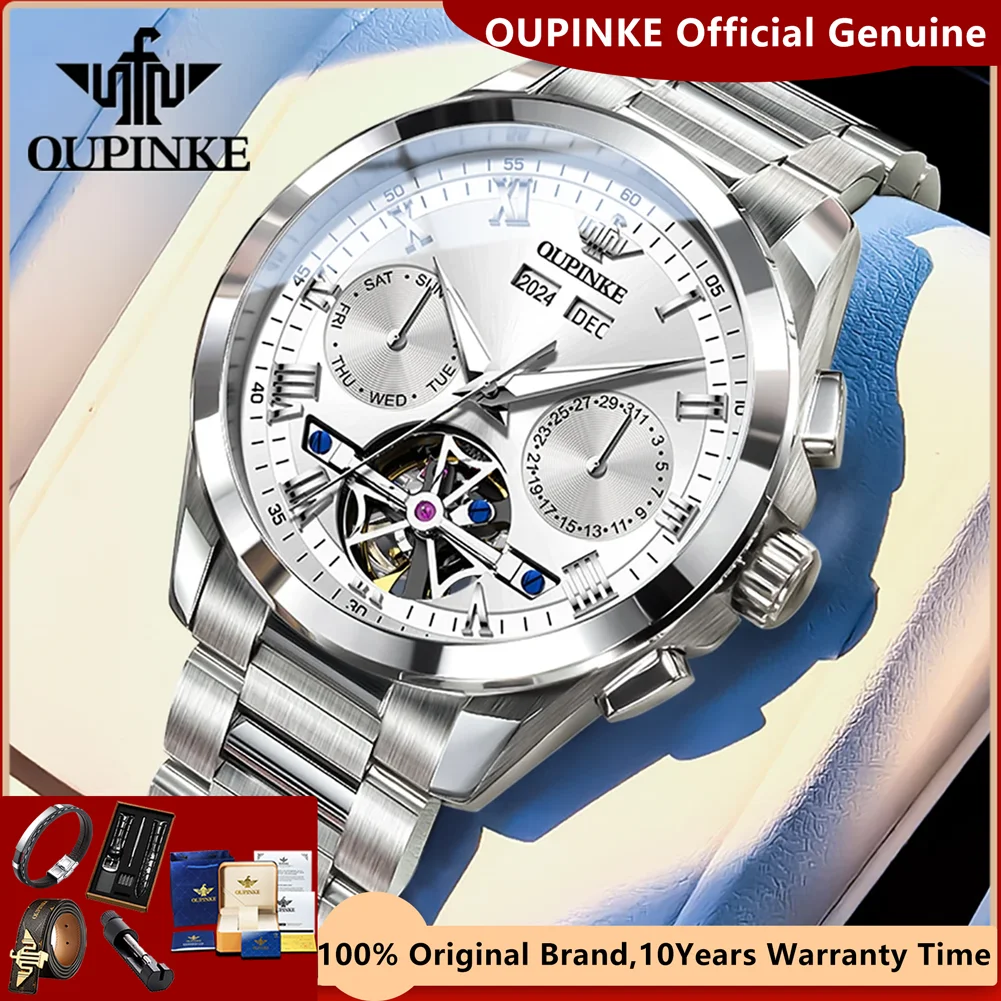 OUPINKE 3281 Mechanical Automatic Watches for Men Stainless Steel Strap Hollow Flywheel Luxury Brand Original Business Man Watch