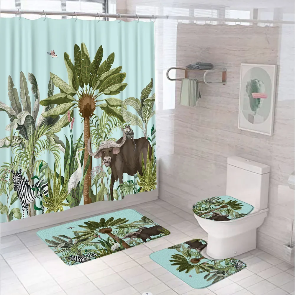 Safari Animal Bathroom Curtain Set Tropical Plants Zebra Toucan Cow Crane Palm Tree Leaves Shower Curtains Toilet Rug Bath Mats