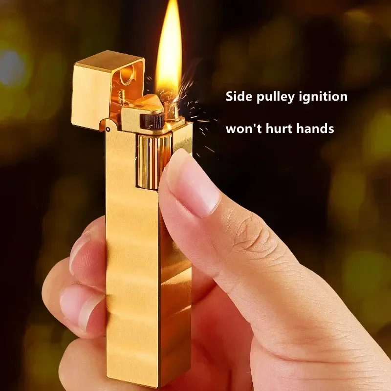 New Retro Handmade Pure Copper Kerosene Lighter Small Square Side Pulley Wheel Lighter Men\'s Gift Unusual Cigarette Lighter