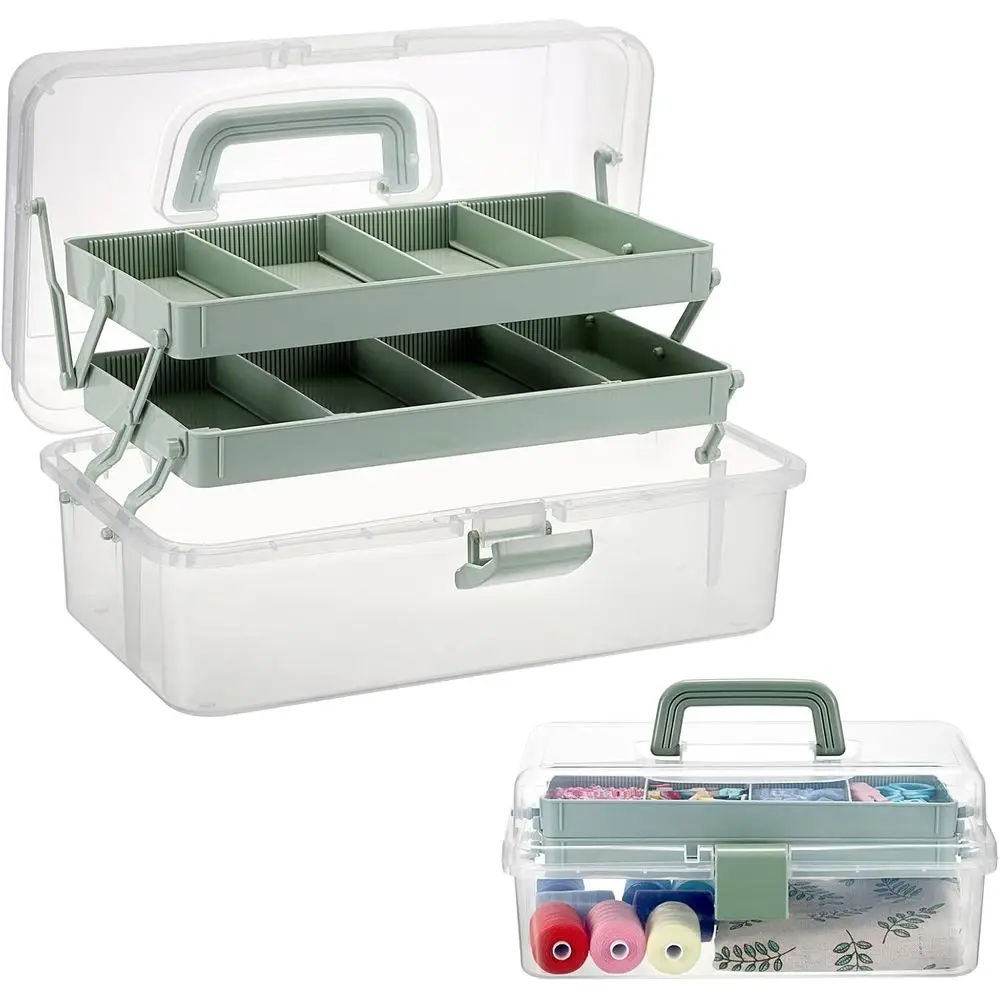 

3-слойная прозрачная пластиковая разделительная коробка для хранения, органайзер для рукоделия и хранение с регулируемыми прокладками, портативный орган для художественных принадлежностей с ручкой