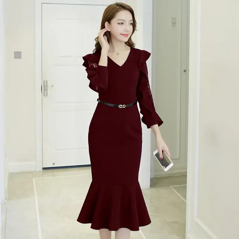 

Female Dress Lace Chiffon Midi Women's Long Sleeve Dresses Hot Clothing Casual Youth Kpop Elastic Clothes Elegant and Beautiful