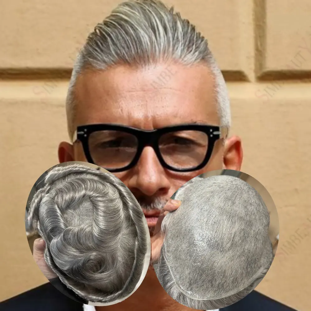V حلقة سوبر رقيقة 0.02 مللي متر واضح بولي الجلد الذكور الشعر الاصطناعية 1b80 رمادي أسود رجل الشعر المستعار نظام الشعر البشري غير مرئية