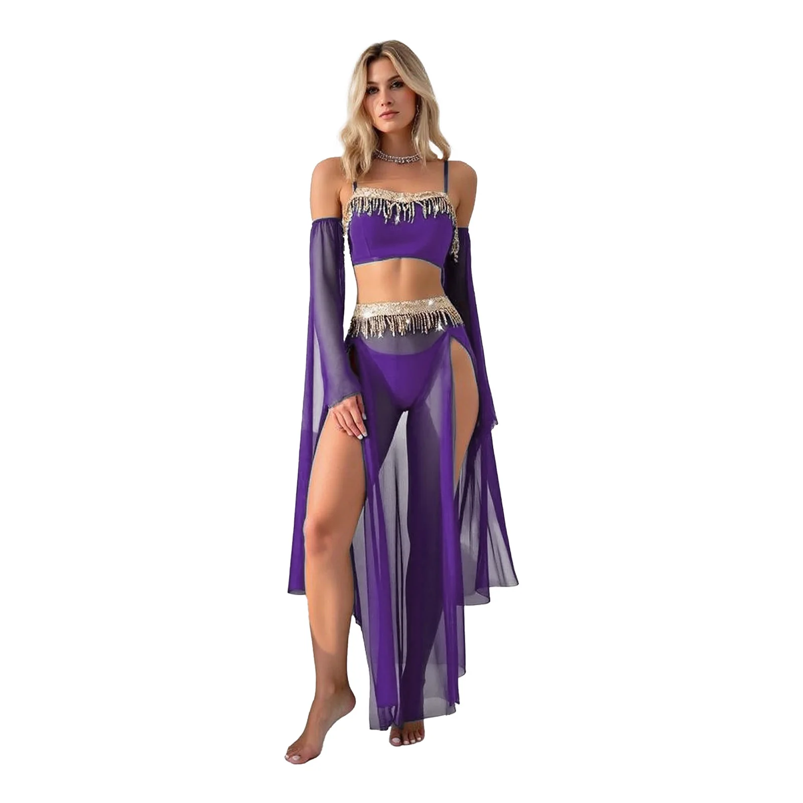 

Women Belly Dance Costume Sequin Tassel Crop Top Removable Sleeve Slit Maxi Skirt And T-back for Pole Dance Dunhuang Dancewear