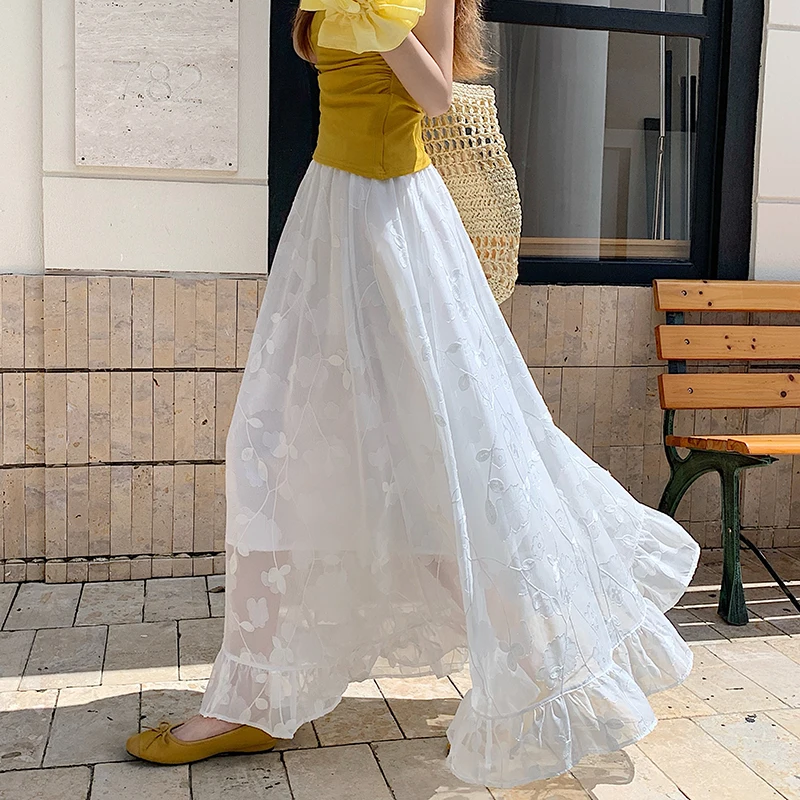 

2025 Summer Lace & Embroidery Floral High Waist Slimming A-Line Tiered Midi Skirt Petite Women Flared Ruffle Skirt