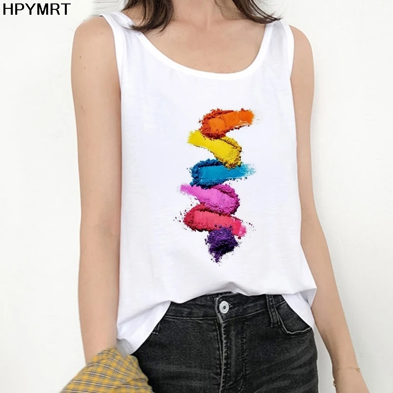 Women Sexy Vest Tank Tops Camisole cosmetic Print O-neck T-Shirts Streetwear Harajuku Casual Sleeveless Large Size Summer Female