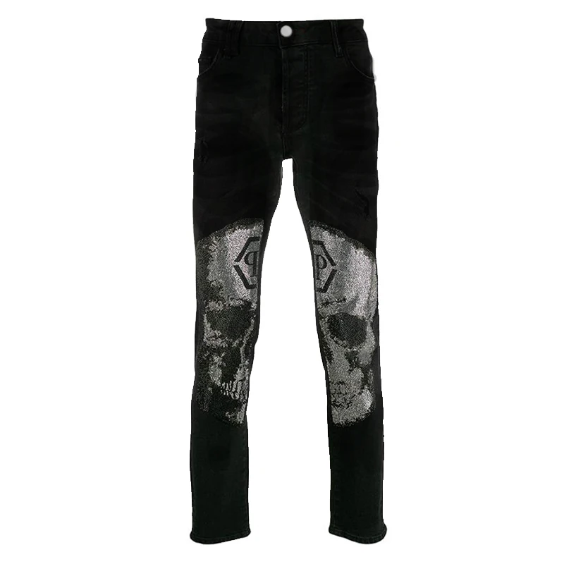 Men\'s Rhinestone Black Stretchy Jeans Skinny Slim Fit Hot Drill Letter Punk Streetwear Biker Trousers Man Denim Pencil Pants y2k