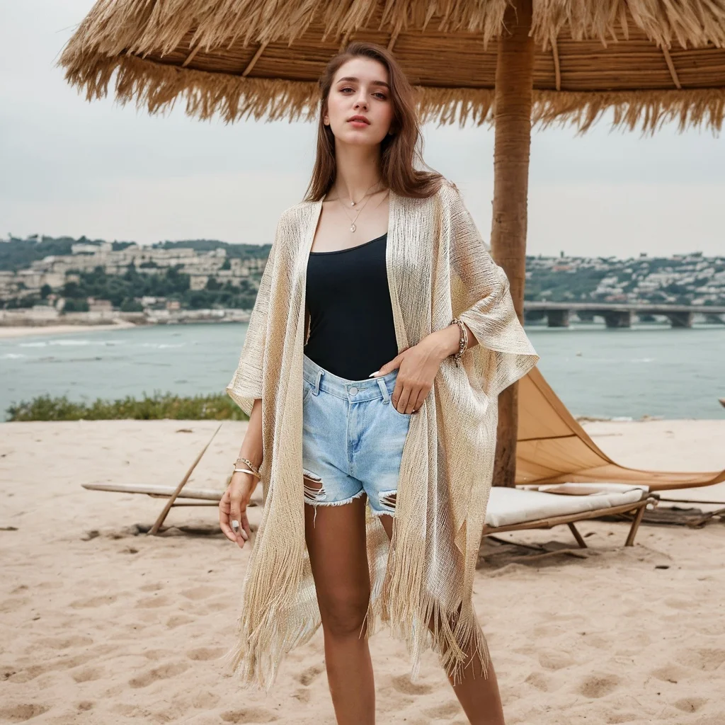Women's Fashionable Solid Color Loose Cover-Up Shimmering Metallic Net Fringed Kimono Cardigan Tassel-Adorned Party Dress, Semi- view 4